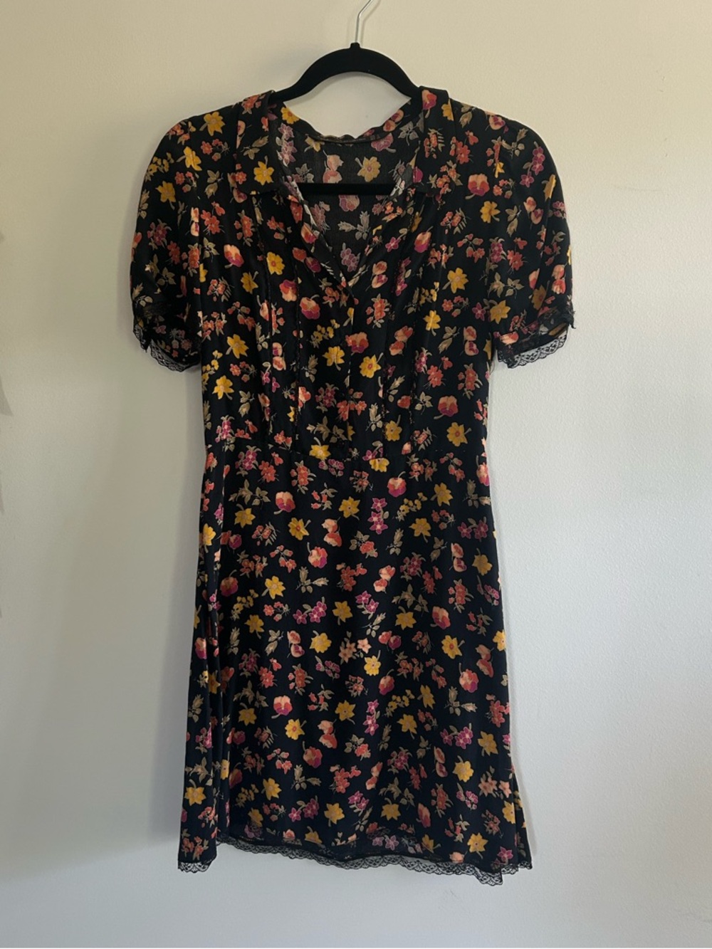 Zara Trafaluc Black Mini Dress with Yellow & Pink Floral Print